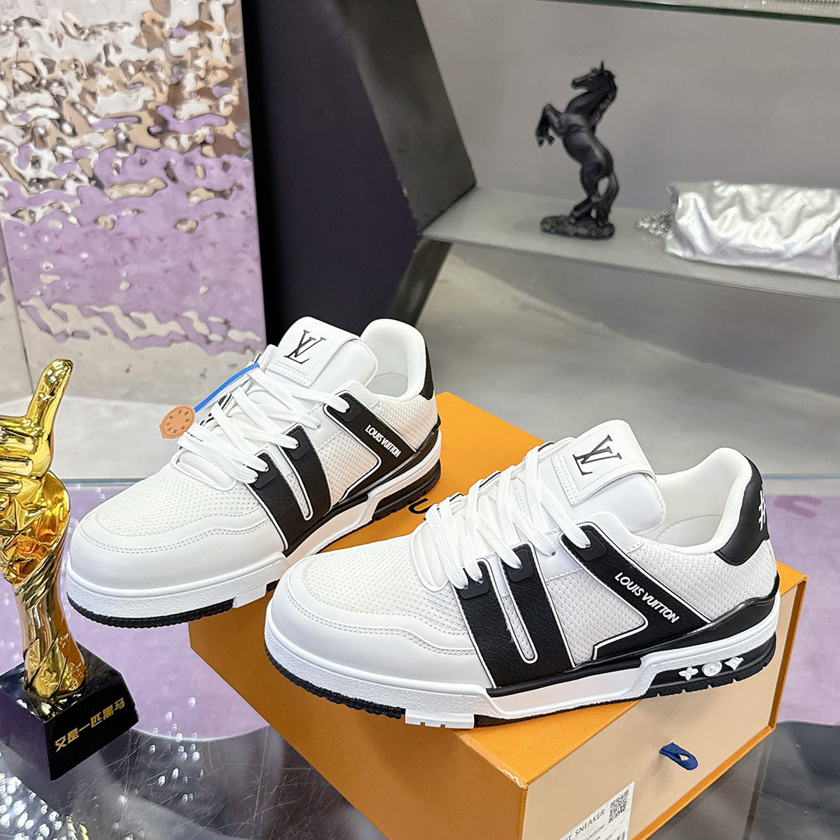 Men's Trainer Sneaker in Black and White Soft Grained Calfskin with Monogram Embossed Leather or Denim |1A9JG4