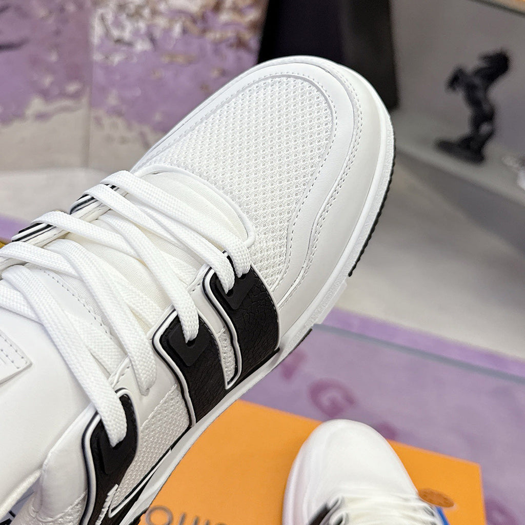 Men's Trainer Sneaker in Black and White Soft Grained Calfskin with Monogram Embossed Leather or Denim |1A9JG4