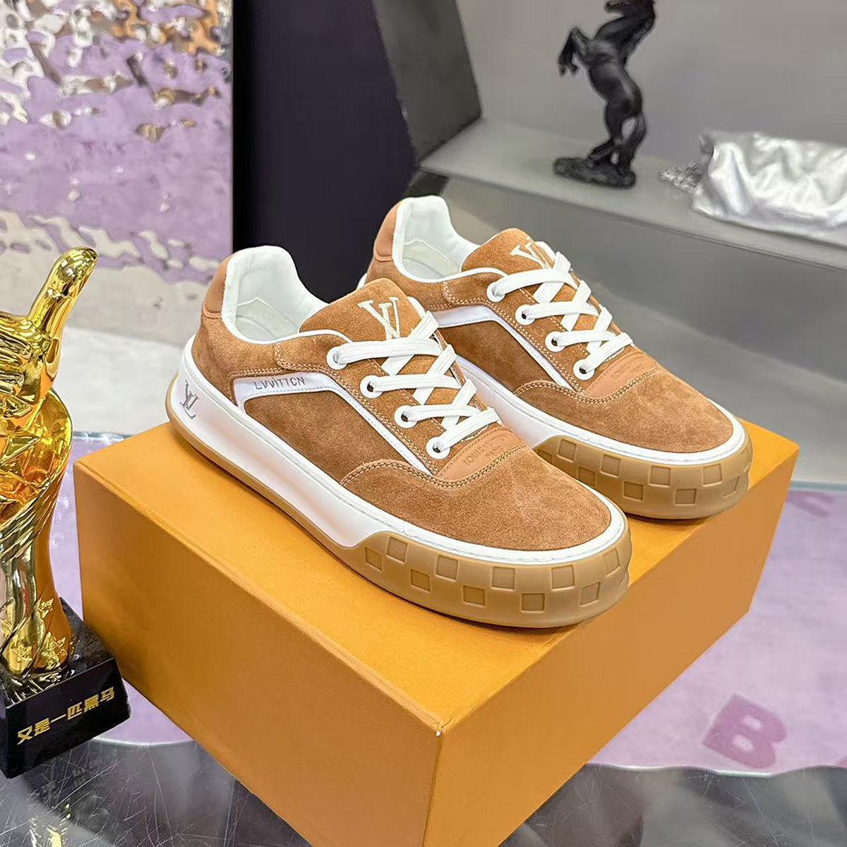 Men's Tilted Sneakers in Cognac Brown Sandblasted Suede Leather |1AJTHN