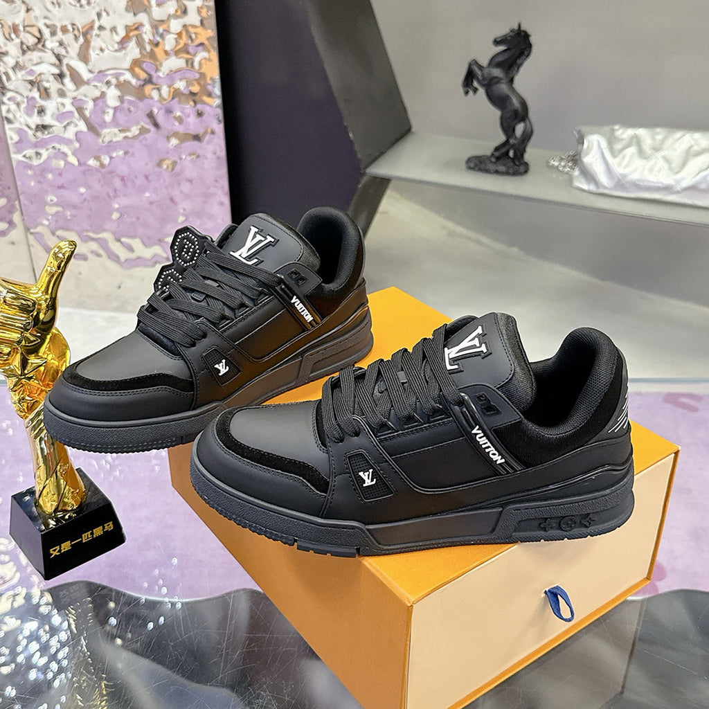 Men's Trainer Sneakers in Black Grained Calfskin with Monogram Embossing |1AAREW