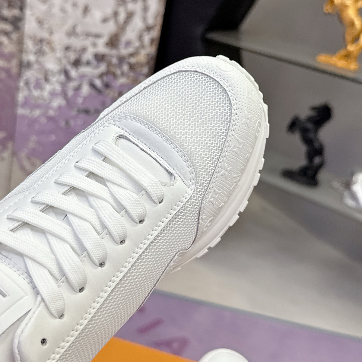 Men's Run Away Sneakers in White Full-Grain Embossed Leather and Mesh |1AHSQN