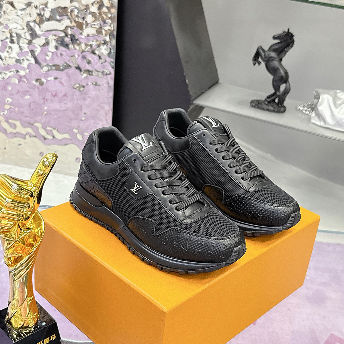 Men's Run Away Sneakers in All-Black Colorway, Technical Mesh Fabric Combined with Monogram Perforated Calfskin| 1AHSRA