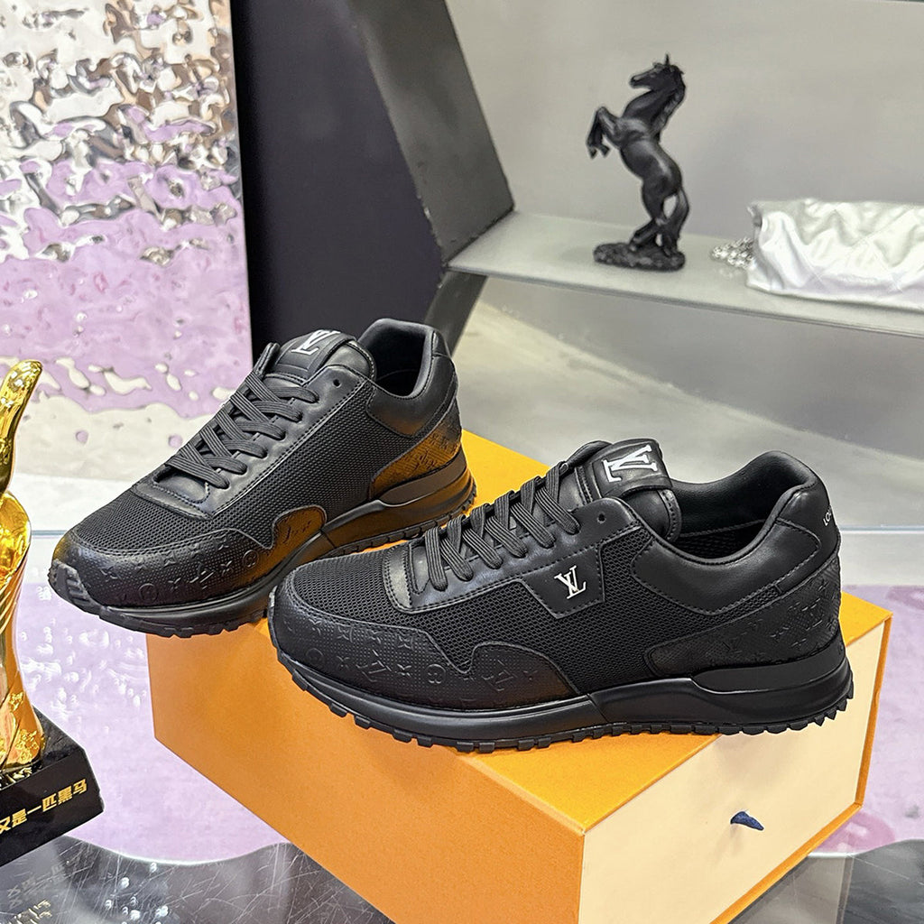 Men's Run Away Sneakers in All-Black Colorway, Technical Mesh Fabric Combined with Monogram Perforated Calfskin| 1AHSRA