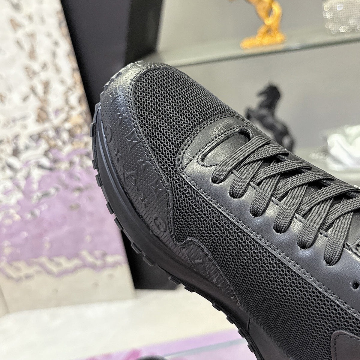 Men's Run Away Sneakers in All-Black Colorway, Technical Mesh Fabric Combined with Monogram Perforated Calfskin| 1AHSRA