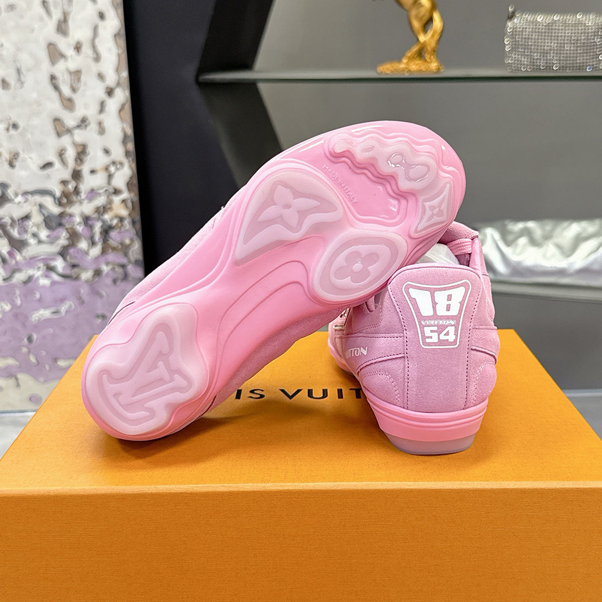 Men's Footprint Soccer Sneakers Pink Satin Leather| 1AHTYE