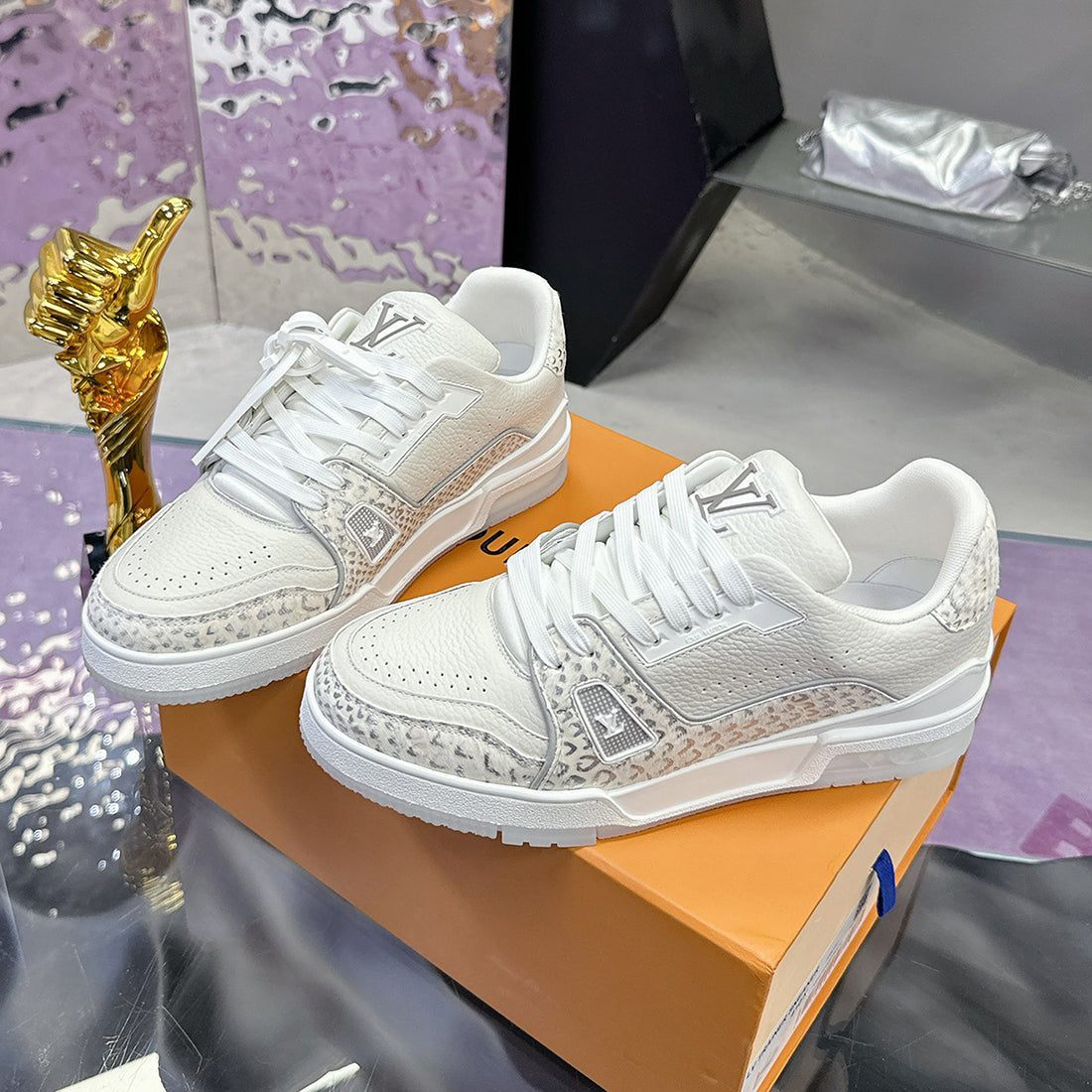 Men's Trainer Sneaker White Patchwork Snake Print |1AB8PT