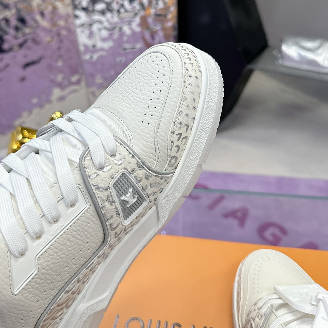 Men's Trainer Sneaker White Patchwork Snake Print |1AB8PT