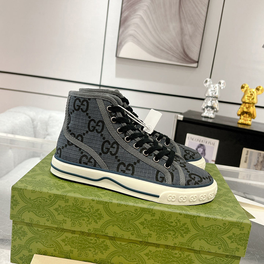 Men's Tennis 1977 Series High-Top Black GG Monogram Sneakers |771463 FACTD 1144