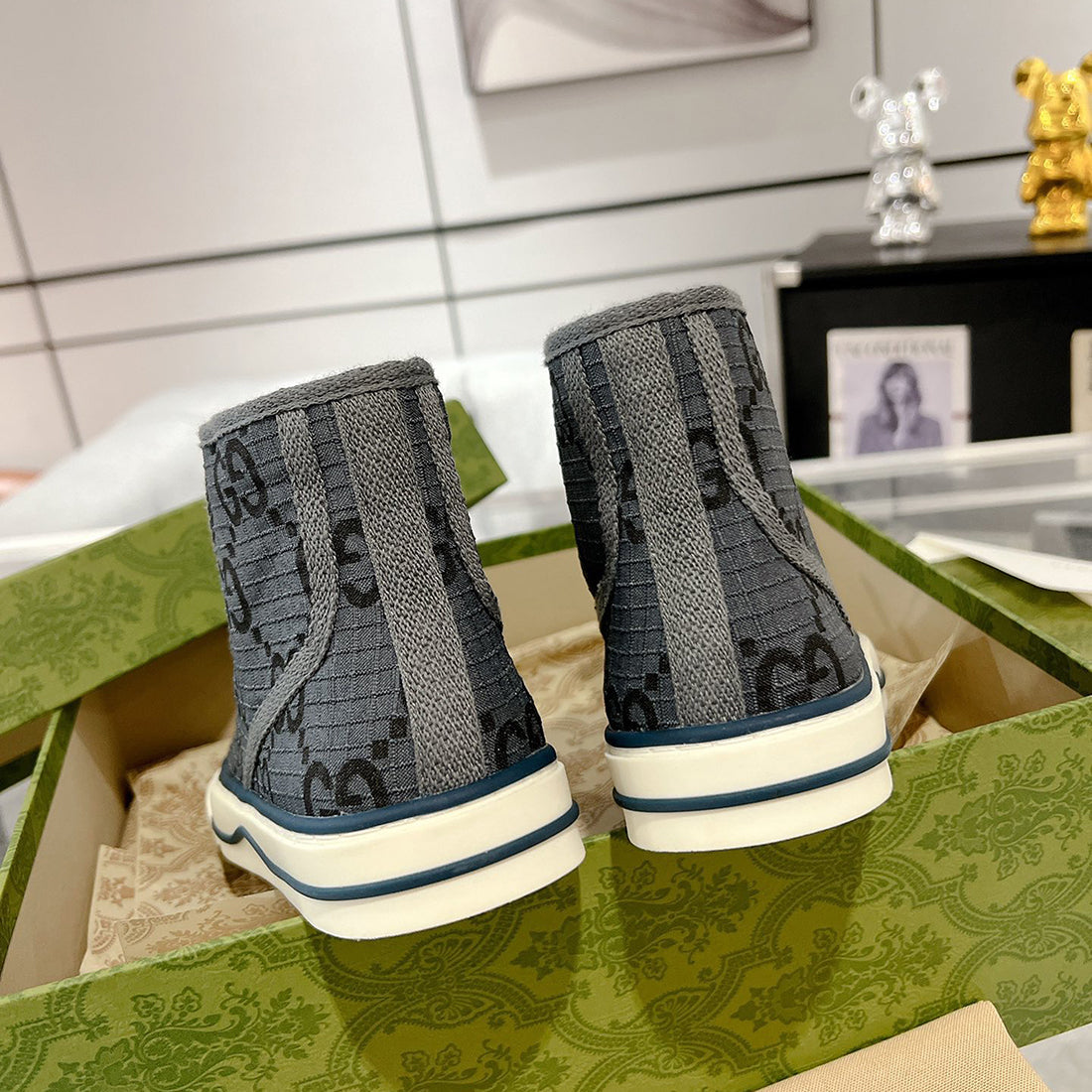 Men's Tennis 1977 Series High-Top Black GG Monogram Sneakers |771463 FACTD 1144