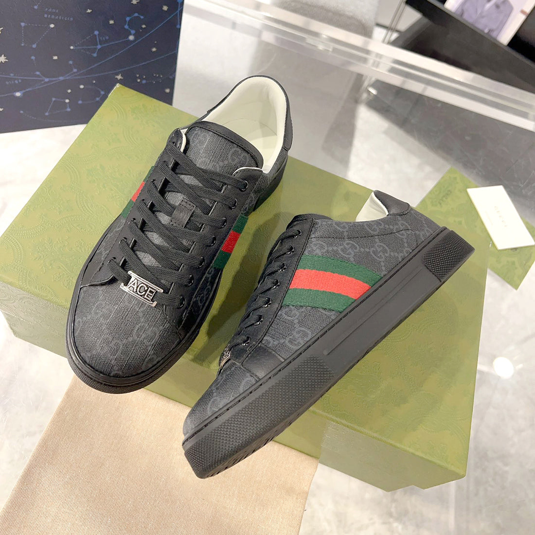 Men's Ace Series Black GG Crystal Canvas Sneakers |760775 FACRF 1163