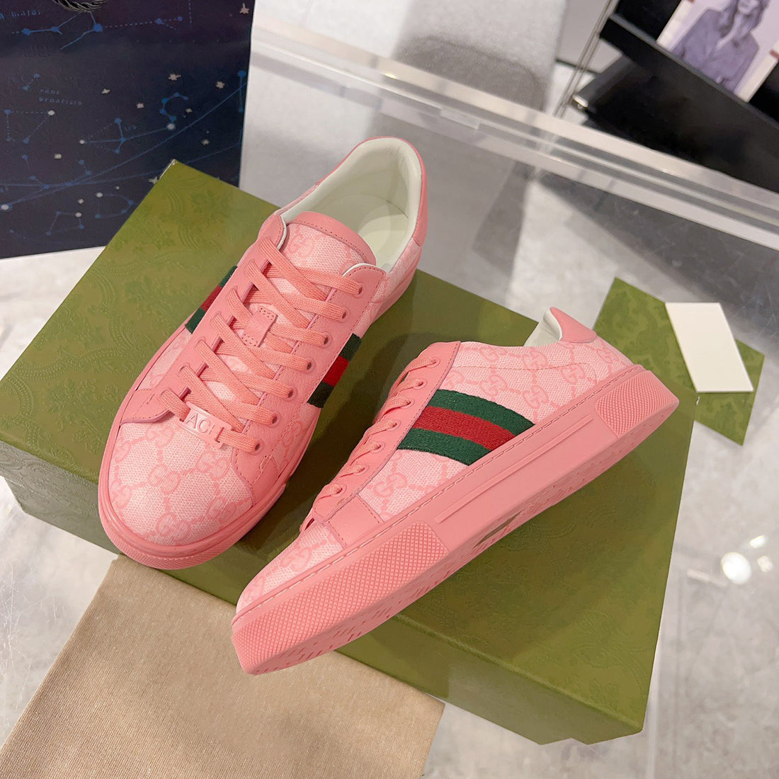 Women's Ace Series GG Crystal Canvas Pink Low-Top Sneakers| 760774 FACRF 5856